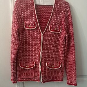 Talbots Red and White Tweed Cardigan
